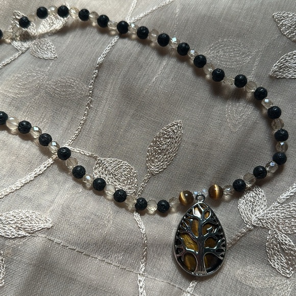 Tiger’s Eye Tree Necklace (Beige Crystal Beads, Black Lava Rock And Tiger’s Eye) - Picture 12 of 12